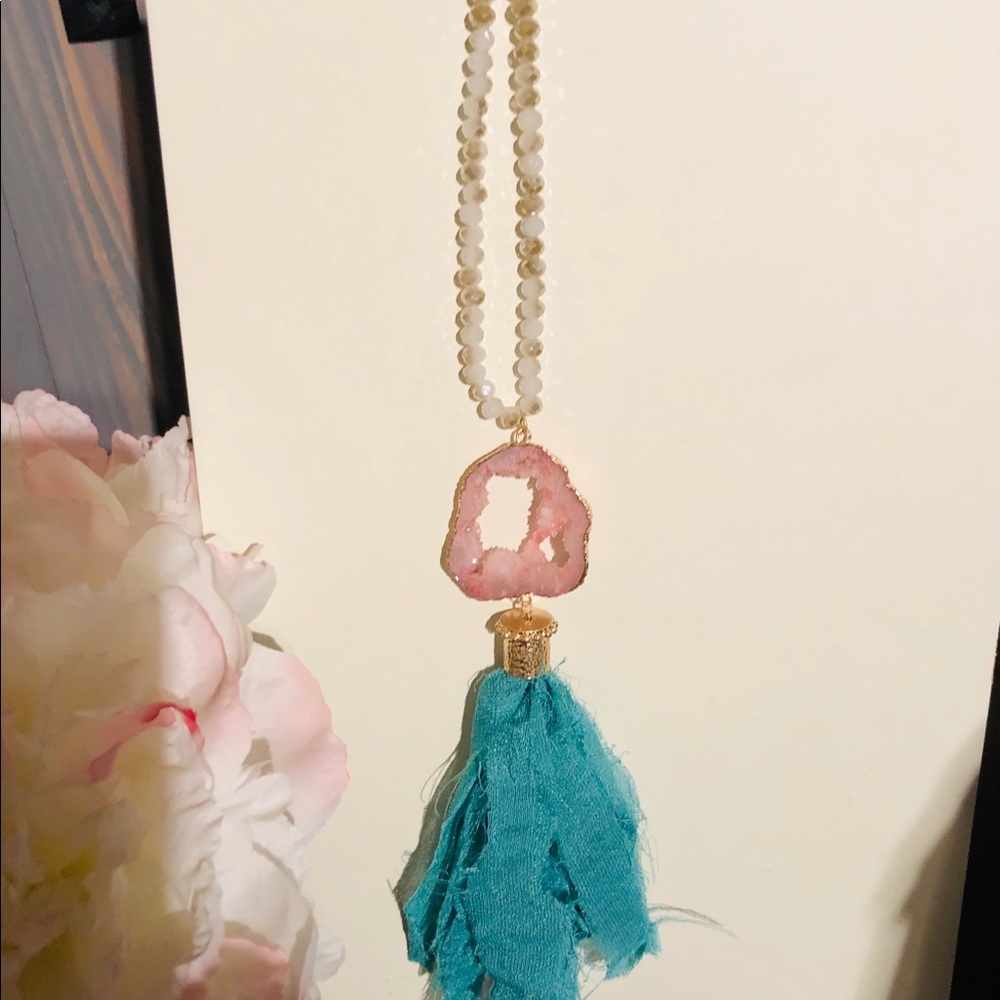 Beautiful Druzy Long Teal Tassel Necklace